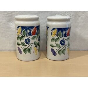 Tabletops Unlimited Nicole Salt & Pepper Shakers Floral Ceramic Blue Band